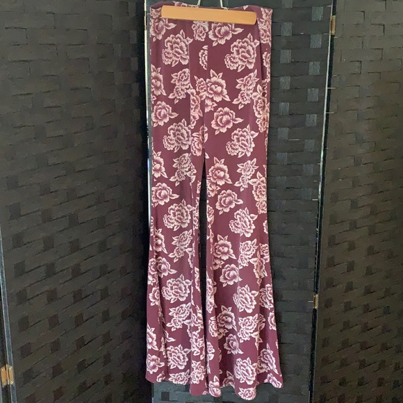 BOGO Burgundy Floral Bell Bottom Yoga Pants - Picture 1 of 2